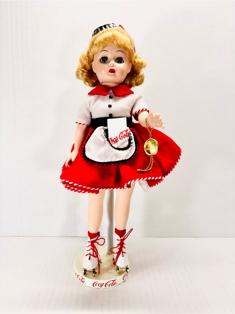 Coca Cola 13” Madame Alexander 1923-1998 75th Anniversary Carhop Doll With Stand
